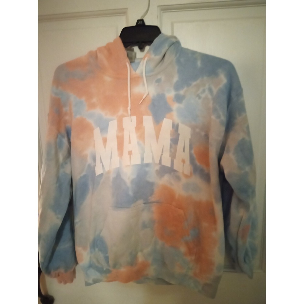 Gildan Heavy Blend Mama Tie Dye Hoodie Blue Peach Graphic Sweatshirt Large